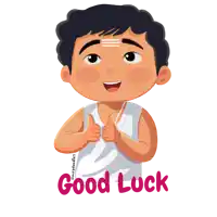 a cartoon illustration of a boy giving a thumbs up and the words good luck below him