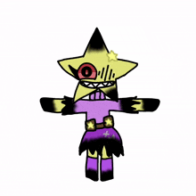 a cartoon character with a yellow star on its head and a purple dress