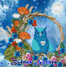 a blue owl sits in a basket of flowers with the words buenas noches written below it