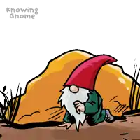 a gnome in a red hat is crawling out of a hole