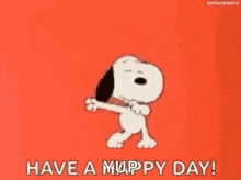 snoopy is dancing on a red background and says `` have a yuppy day ! ''