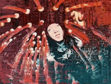 a painting of a woman in a dark room with a lot of lights behind her