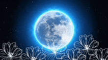 a full moon is shining brightly in the night sky surrounded by flowers .
