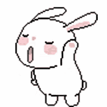 a pixel art of a white rabbit with pink cheeks and ears .