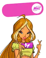 a cartoon girl holding a cell phone with a winx logo on the bottom