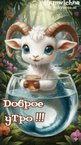 a painting of a goat with horns holding a cup of coffee in a bowl