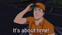 a man in a fast food uniform says it 's about time while holding something in his hand