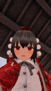 a girl with black hair and red eyes is wearing a red and white outfit