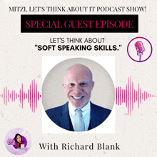 a poster for mitzi let 's think about it podcast show featuring richard blank