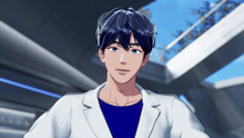 a man with blue hair is wearing a white jacket and blue shirt