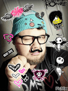 a man wearing a beanie and glasses has a sticker that says emo boy