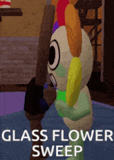 a cartoon character is holding a sweep stick and says glass flower sweep on the bottom