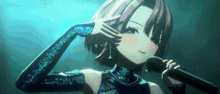 a girl in a blue dress is singing into a microphone and saluting