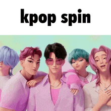 a group of cartoon characters standing next to each other with the words kpop spin written above them
