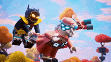 a lego batman and a lego ninjago character are flying in the air