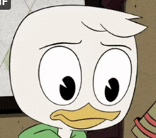 a cartoon duck with big eyes and a green sweater