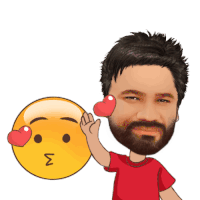 a man in a red shirt holds a heart in front of a smiley face
