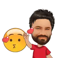 a man in a red shirt holds a heart in front of a smiley face
