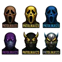 a set of six masks with the name patolika123 on them