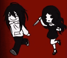 a black and white drawing of a girl holding a knife next to a boy