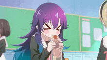 a girl with purple hair is eating a sandwich in front of a blackboard