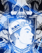 a man wearing a hat that says grs generasi is surrounded by skulls