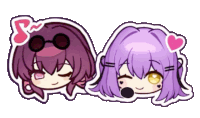 a sticker of two girls with purple hair and glasses
