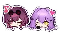 a sticker of two girls with purple hair and glasses
