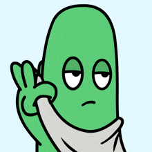 a green cartoon character giving a peace sign with his hand