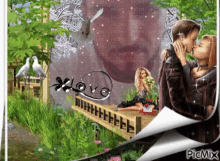 a picture of a man and woman kissing with the word love written on the bottom