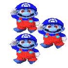 three different versions of mario wearing red overalls and blue hats