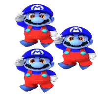 three different versions of mario wearing red overalls and blue hats