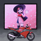 a red motorcycle is in front of a picture of a doll