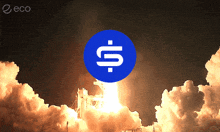 a picture of a rocket being launched with a blue circle with the letter s on it