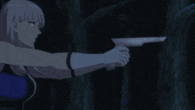 a woman in a purple dress is holding a gun with a blue light coming out of it