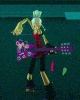 a cartoon character is holding a purple guitar with the number 9 on the headstock