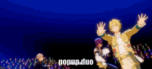 a man in a yellow jacket is standing with his arms outstretched in front of a blue background that says popup duo on it
