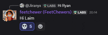 a screenshot of a conversation between jiranyx and feetchewer