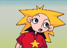 a pixel art drawing of a girl with yellow hair and a red shirt