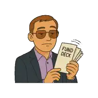 a cartoon of a man holding a fund deck