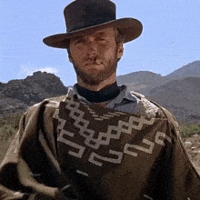 a man with a beard wearing a hat and a poncho with a geometric pattern