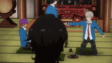 a group of anime characters are gathered in a room and one of them is pointing