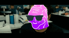 a man wearing sunglasses has a purple face behind him