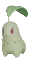 a green pokemon with red eyes and a green leaf on top