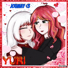 a picture of a girl hugging another girl with the name yuri written on it