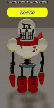 a cartoon skeleton with the number 97/97 written on it
