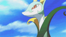 a cartoon snake is standing on top of a green plant .