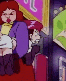 a couple of cartoon characters sitting next to each other in a room .