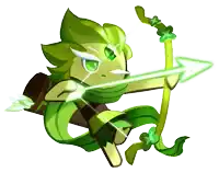 a cartoon character is holding a green bow and arrow