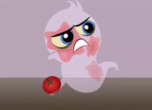 a cartoon character is looking at a tomato with an angry look on his face